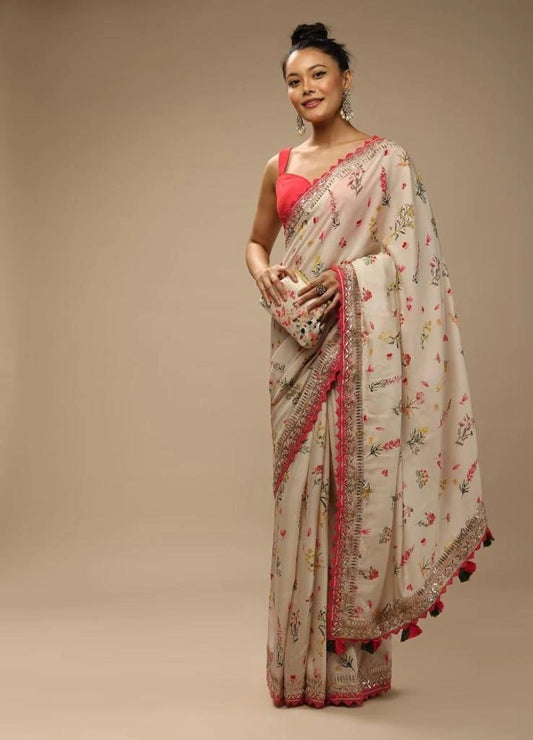 Elegant Heavy Soft Chinnon Saree with Floral Print