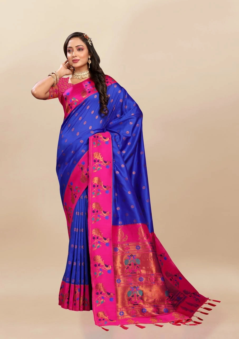 Soft Paithani Silk Saree with Rich Zari & Meenakari Weaving