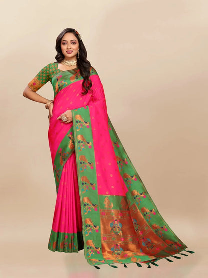 Soft Paithani Silk Saree with Rich Zari & Meenakari Weaving