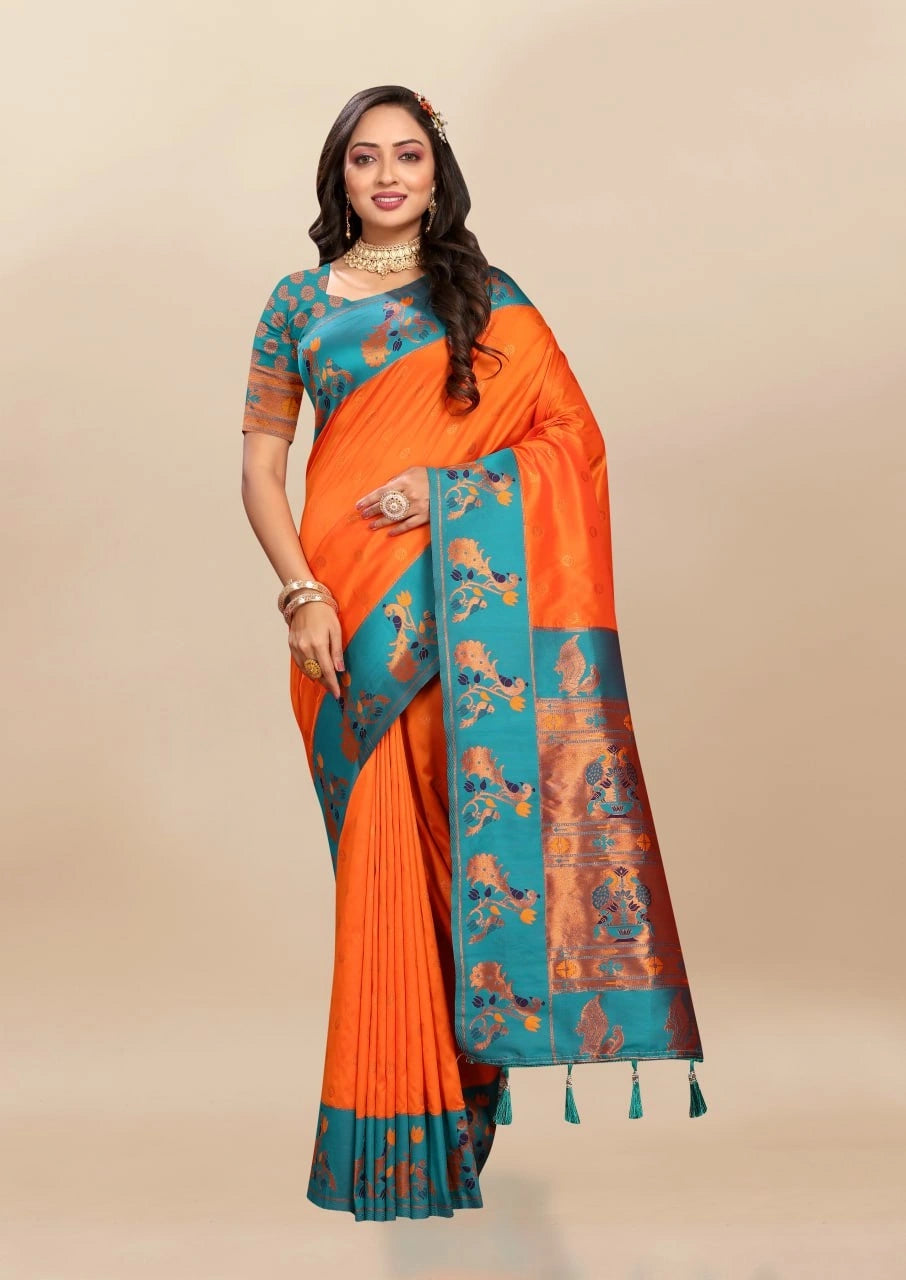 Soft Paithani Silk Saree with Rich Zari & Meenakari Weaving