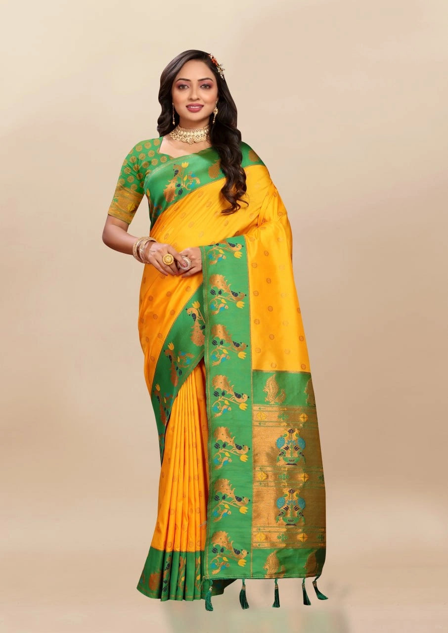 Soft Paithani Silk Saree with Rich Zari & Meenakari Weaving