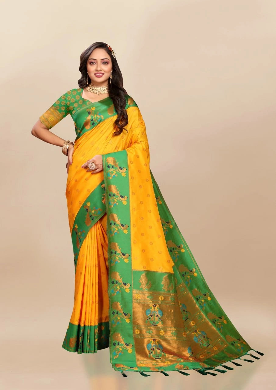 Soft Paithani Silk Saree with Rich Zari & Meenakari Weaving