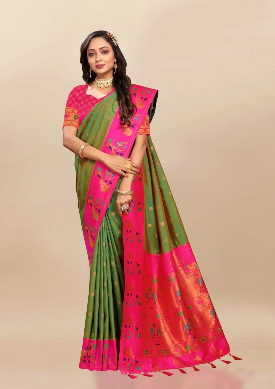 Soft Paithani Silk Saree with Rich Zari & Meenakari Weaving