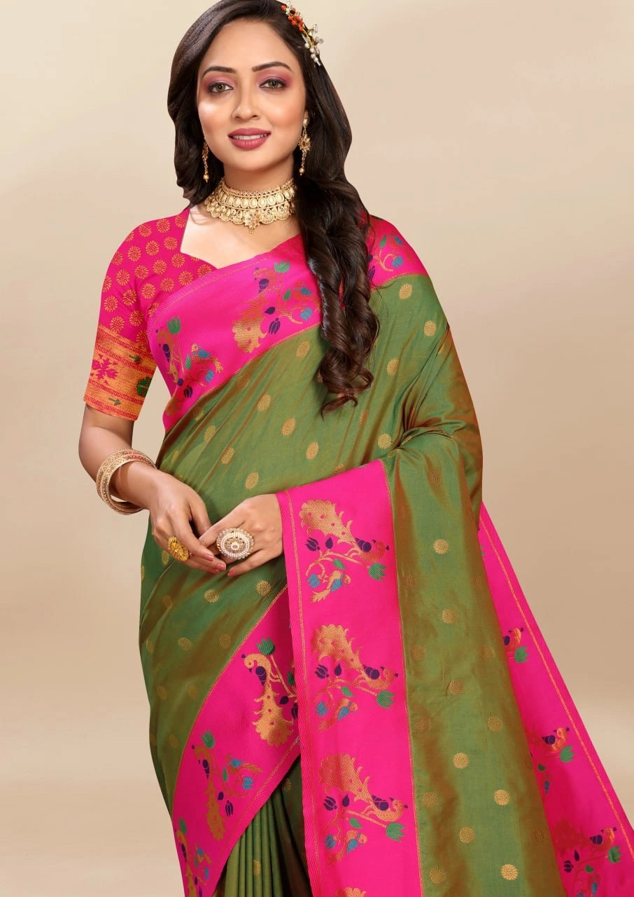 Soft Paithani Silk Saree with Rich Zari & Meenakari Weaving