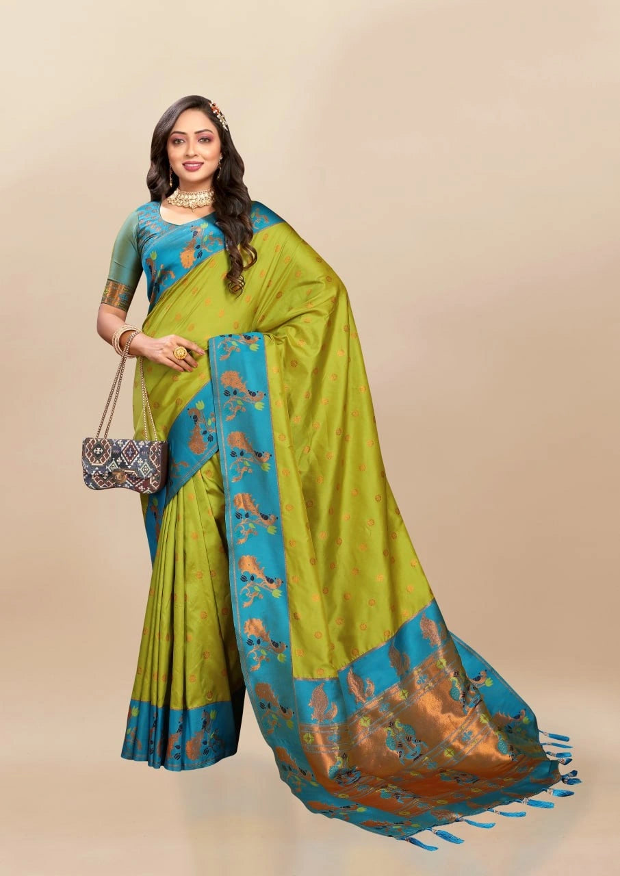 Soft Paithani Silk Saree with Rich Zari & Meenakari Weaving