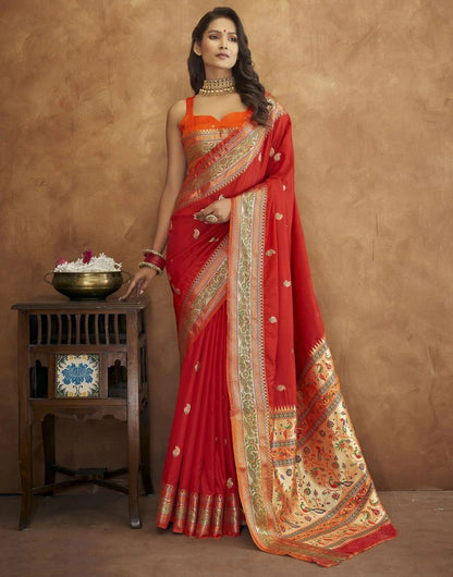 Soft Paithani Silk Saree with Gold Zari Motifs, Rich Pallu & Meenakari Border