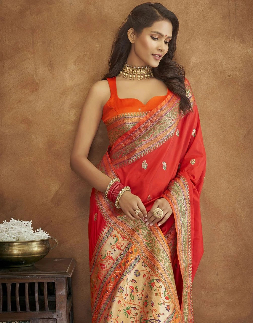 Soft Paithani Silk Saree with Gold Zari Motifs, Rich Pallu & Meenakari Border