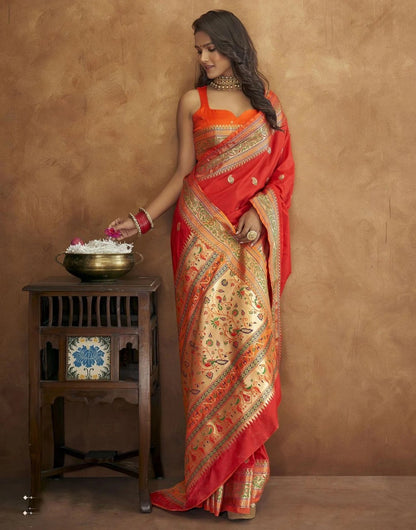 Soft Paithani Silk Saree with Gold Zari Motifs, Rich Pallu & Meenakari Border