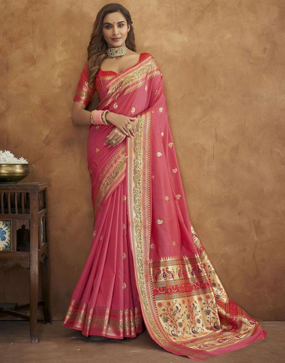 Soft Paithani Silk Saree with Gold Zari Motifs, Rich Pallu & Meenakari Border