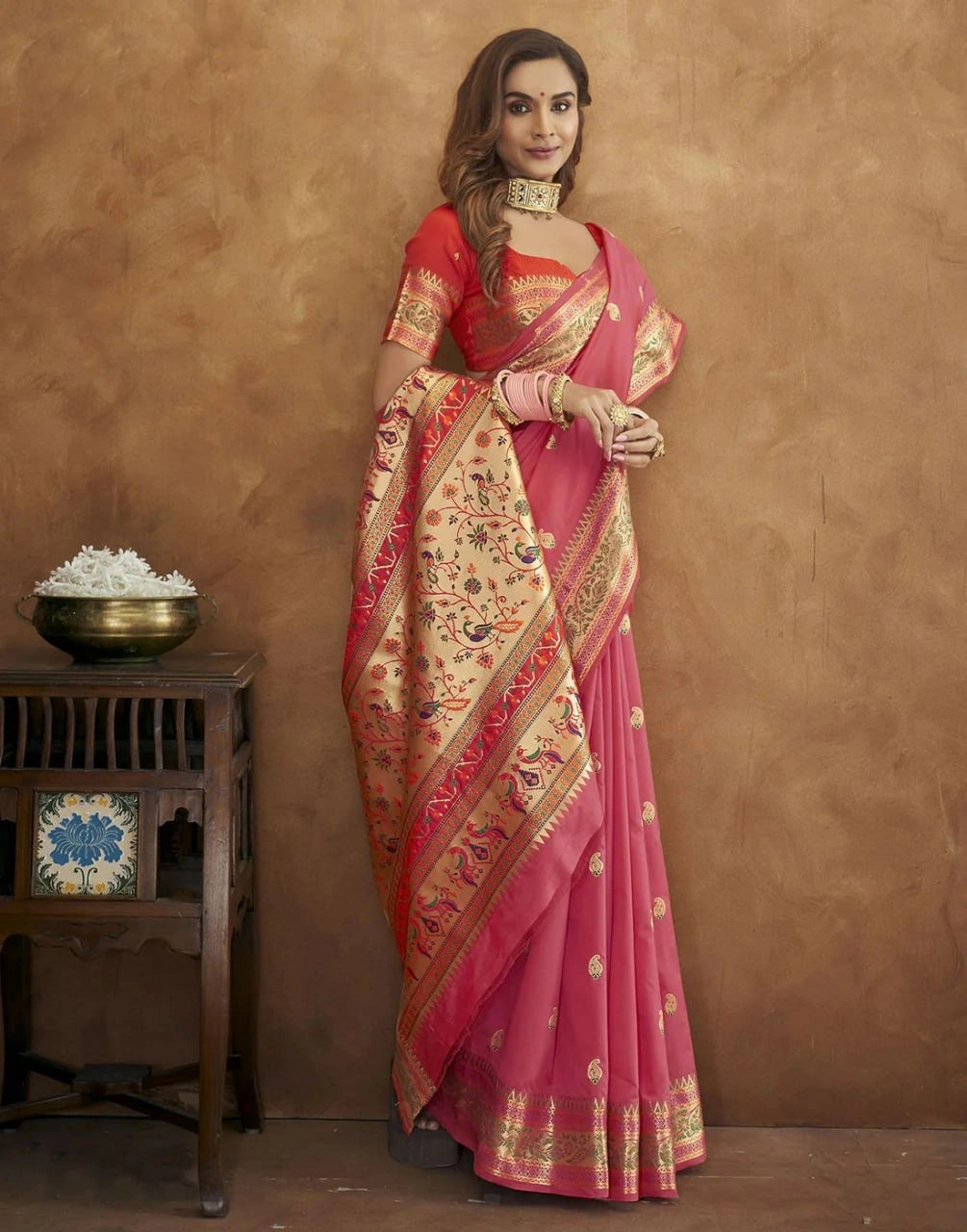 Soft Paithani Silk Saree with Gold Zari Motifs, Rich Pallu & Meenakari Border