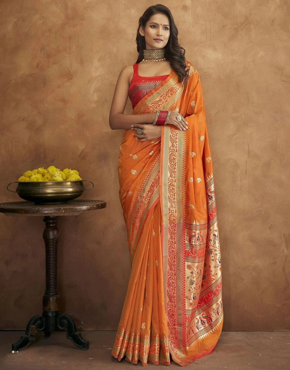 Soft Paithani Silk Saree with Gold Zari Motifs, Rich Pallu & Meenakari Border