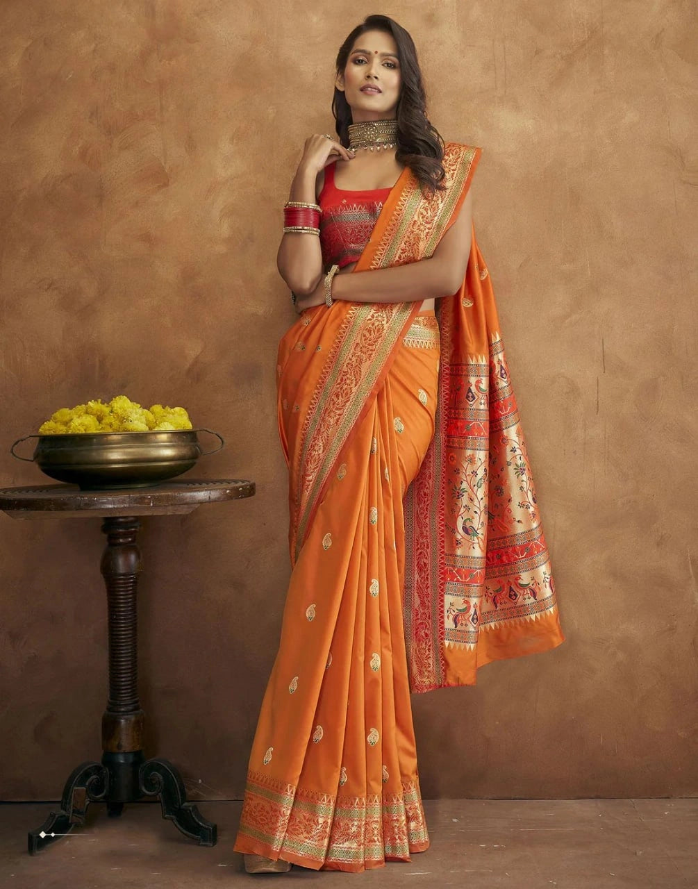 Soft Paithani Silk Saree with Gold Zari Motifs, Rich Pallu & Meenakari Border