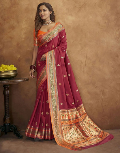 Soft Paithani Silk Saree with Gold Zari Motifs, Rich Pallu & Meenakari Border