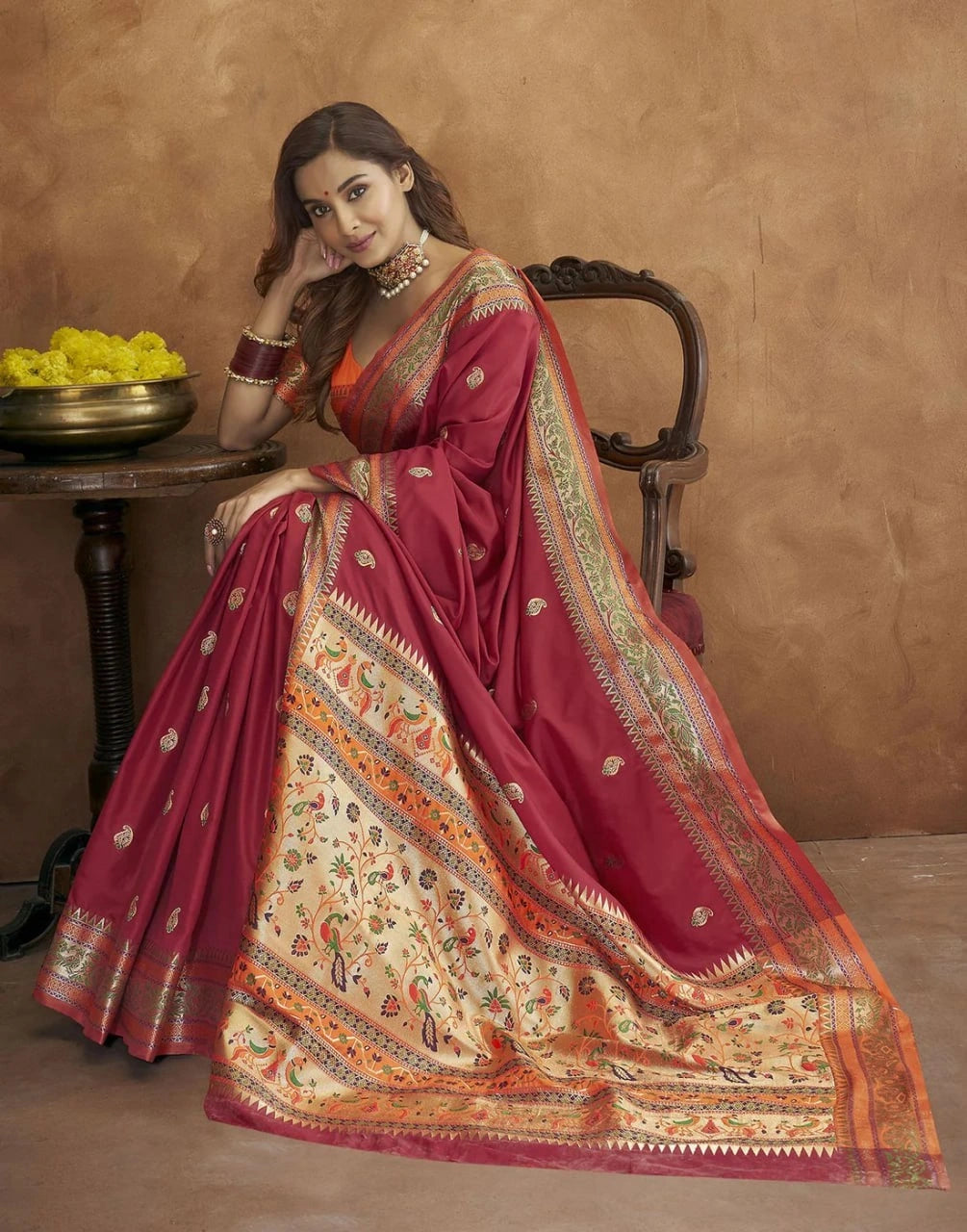 Soft Paithani Silk Saree with Gold Zari Motifs, Rich Pallu & Meenakari Border