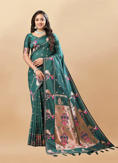 Soft Paithani Silk Saree with Gold Zari Motifs, Rich Pallu & Meenakari Border