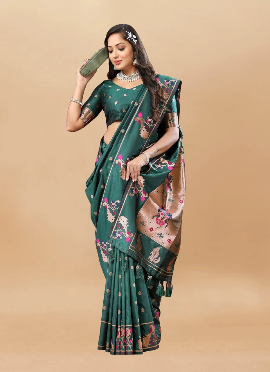 Soft Paithani Silk Saree with Gold Zari Motifs, Rich Pallu & Meenakari Border