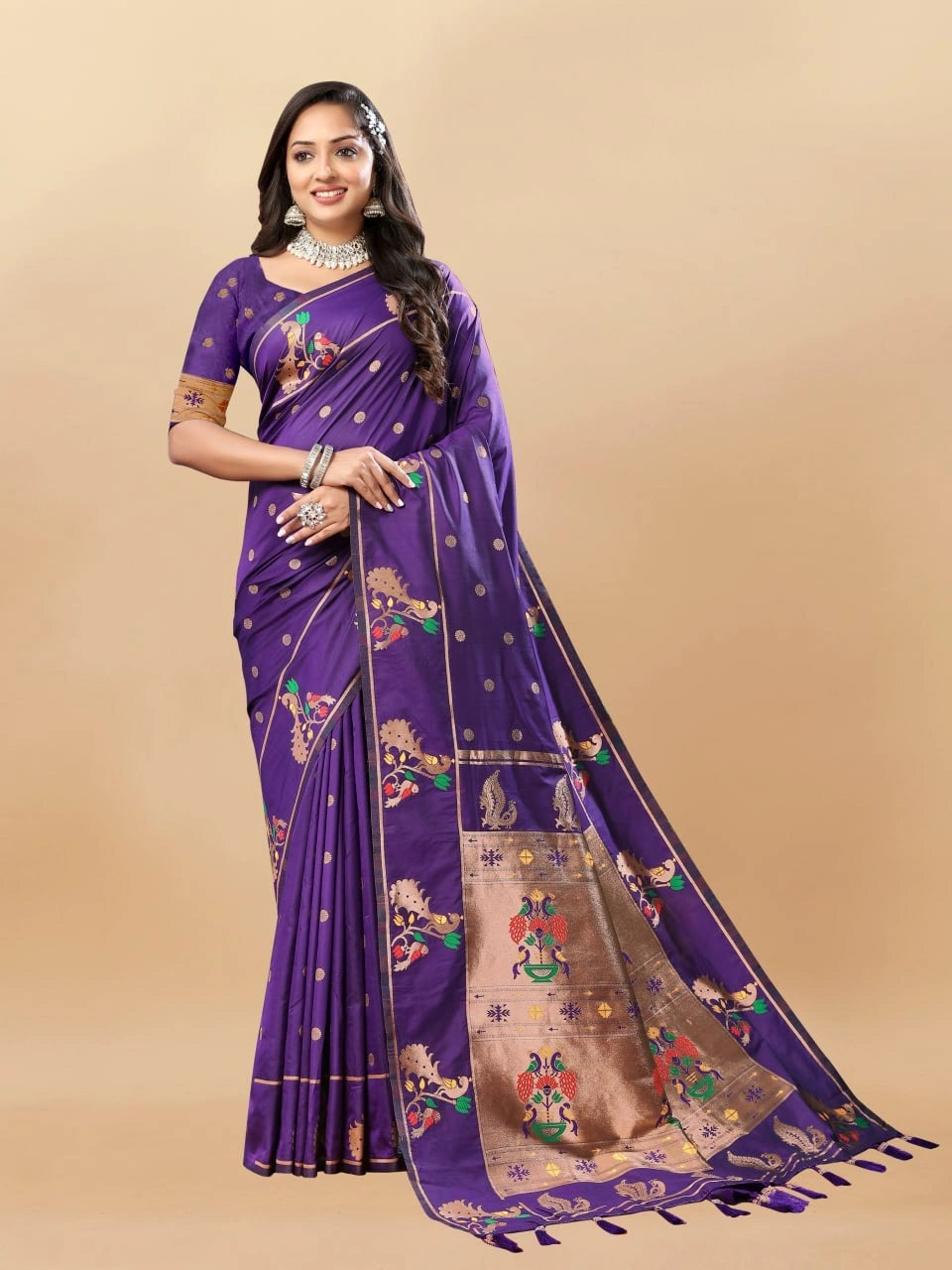 Soft Paithani Silk Saree with Gold Zari Motifs, Rich Pallu & Meenakari Border