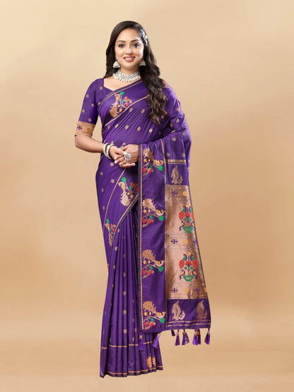 Soft Paithani Silk Saree with Gold Zari Motifs, Rich Pallu & Meenakari Border