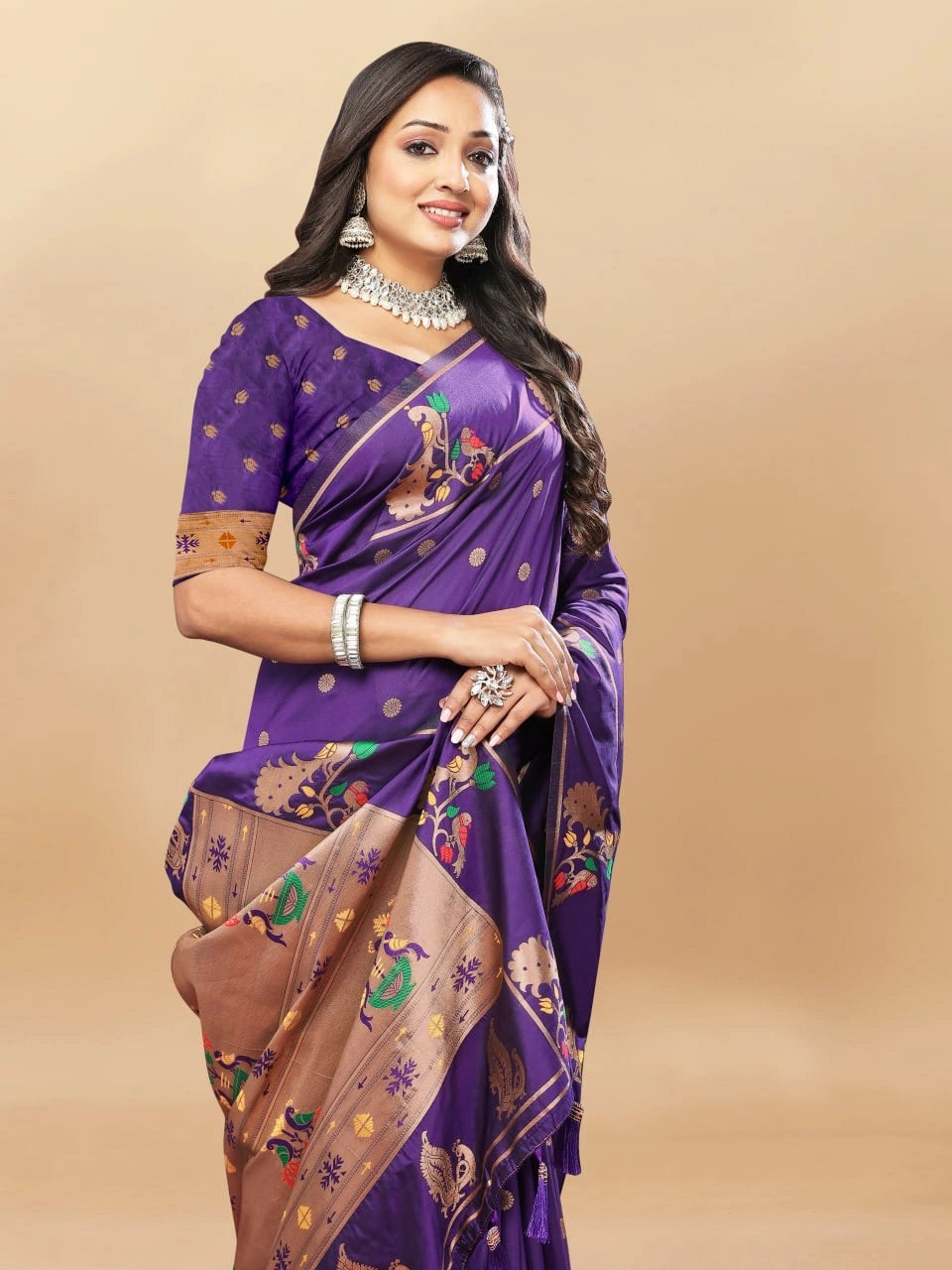 Soft Paithani Silk Saree with Gold Zari Motifs, Rich Pallu & Meenakari Border