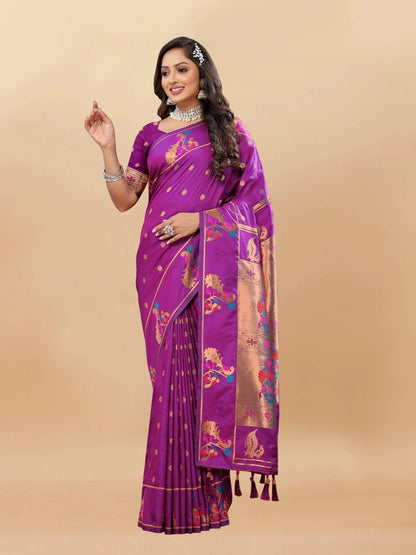 Soft Paithani Silk Saree with Gold Zari Motifs, Rich Pallu & Meenakari Border