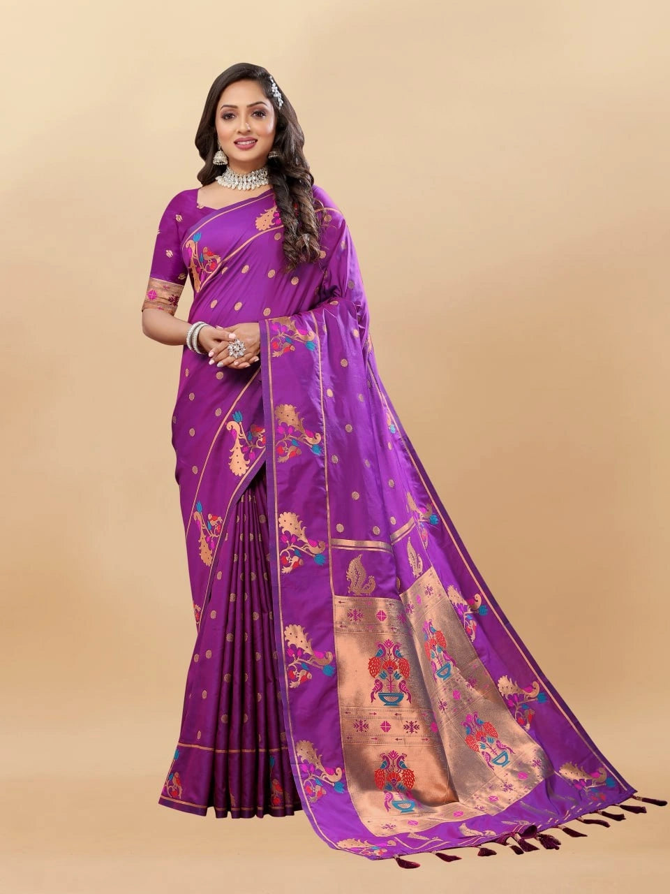 Soft Paithani Silk Saree with Gold Zari Motifs, Rich Pallu & Meenakari Border