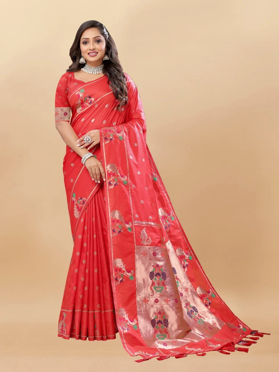 Soft Paithani Silk Saree with Gold Zari Motifs, Rich Pallu & Meenakari Border