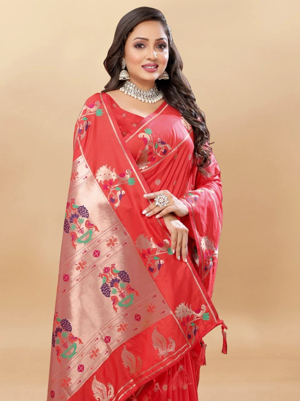 Soft Paithani Silk Saree with Gold Zari Motifs, Rich Pallu & Meenakari Border