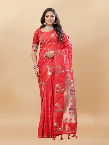 Soft Paithani Silk Saree with Gold Zari Motifs, Rich Pallu & Meenakari Border