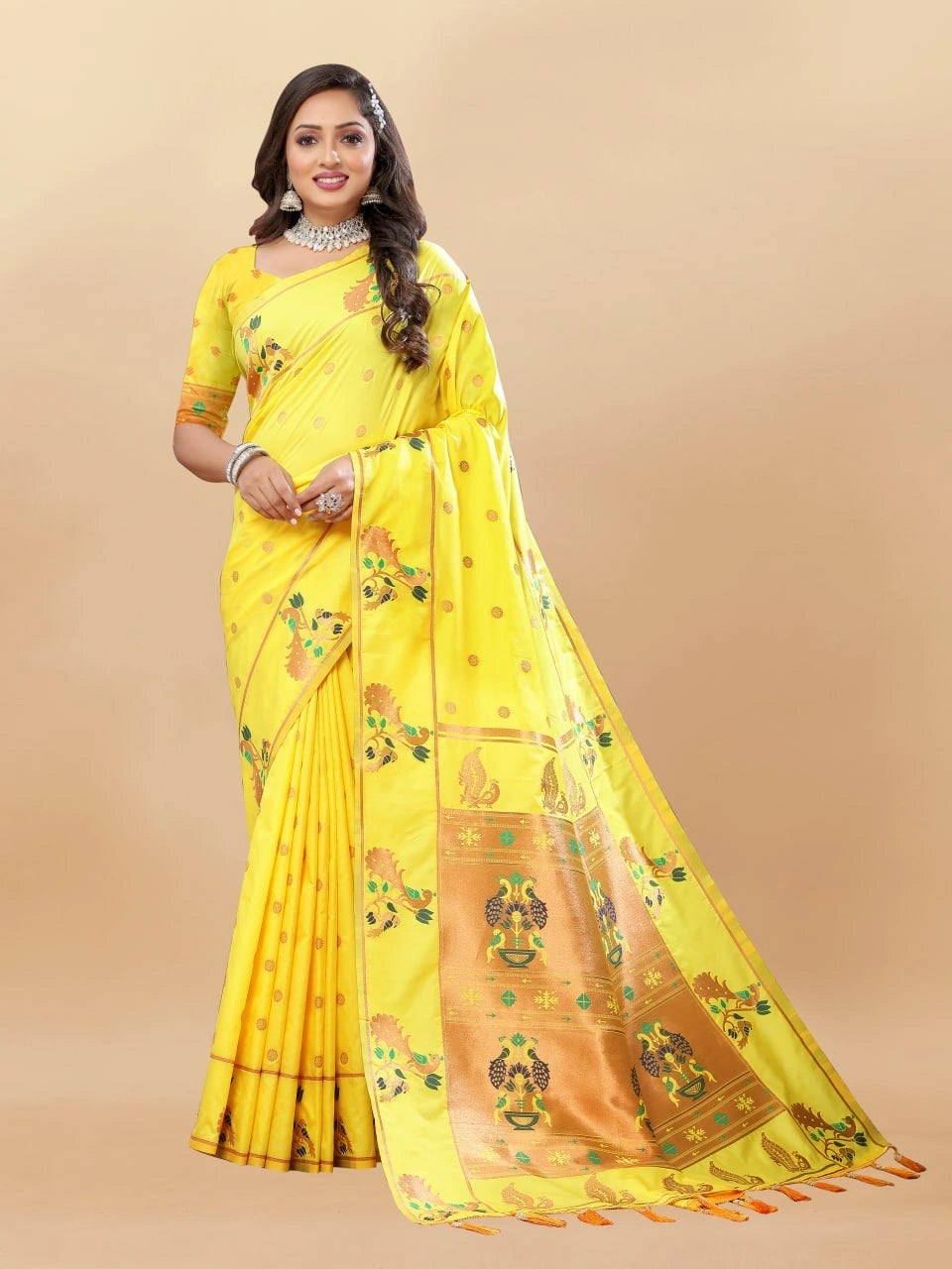 Soft Paithani Silk Saree with Gold Zari Motifs, Rich Pallu & Meenakari Border