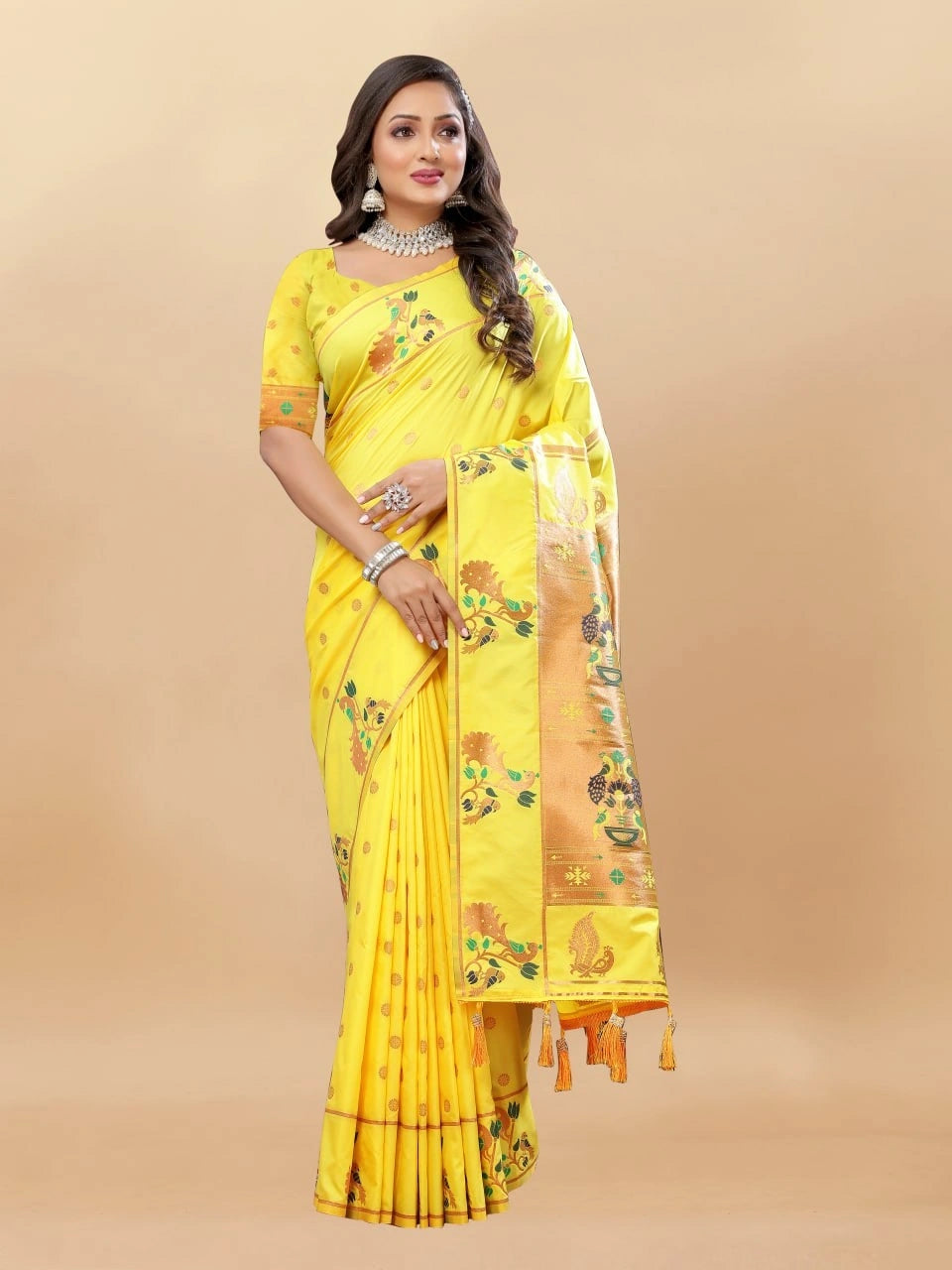 Soft Paithani Silk Saree with Gold Zari Motifs, Rich Pallu & Meenakari Border