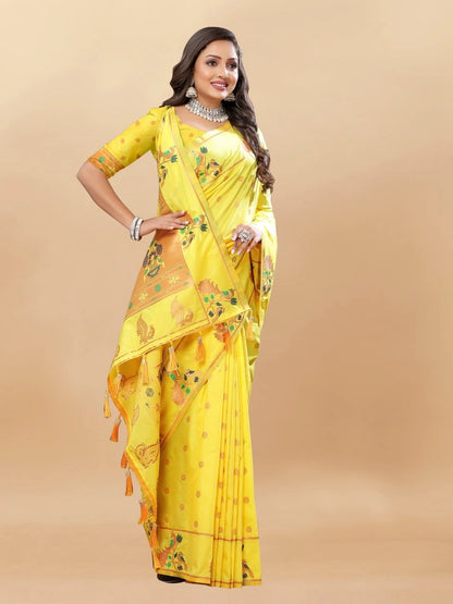 Soft Paithani Silk Saree with Gold Zari Motifs, Rich Pallu & Meenakari Border