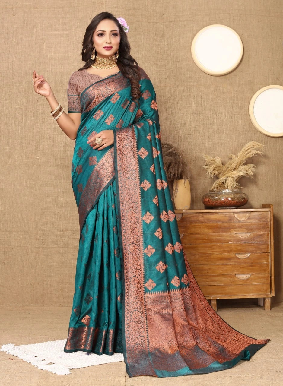 Soft Katan Silk Saree with Copper Zari Weaving Design and Rich Zari Pallu