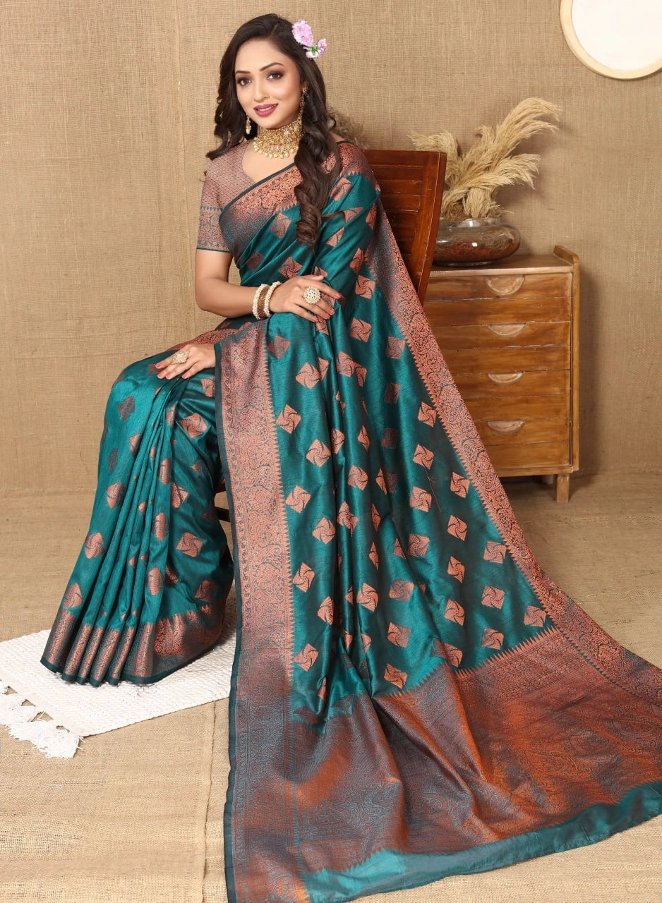 Soft Katan Silk Saree with Copper Zari Weaving Design and Rich Zari Pallu