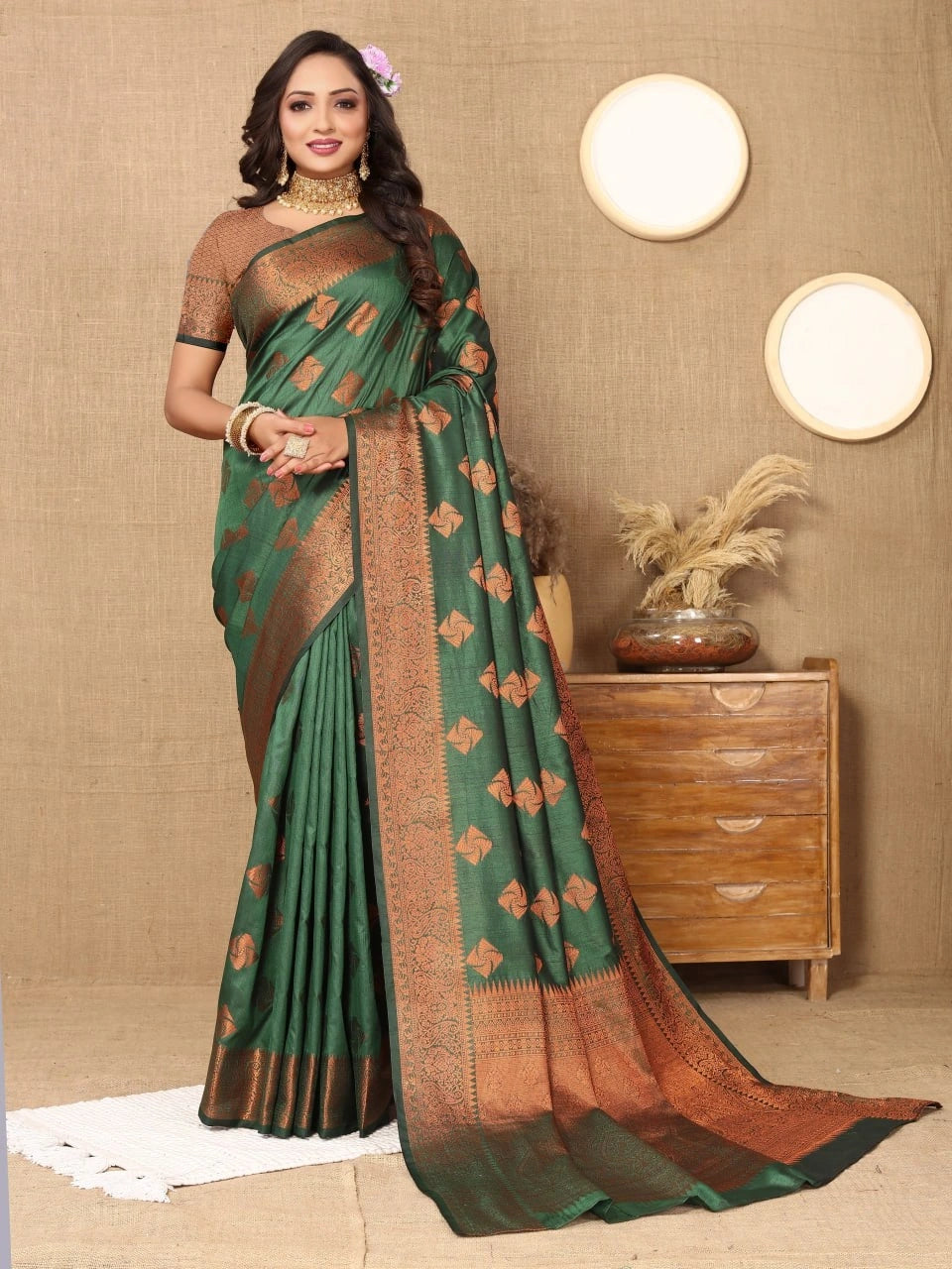 Soft Katan Silk Saree with Copper Zari Weaving Design and Rich Zari Pallu