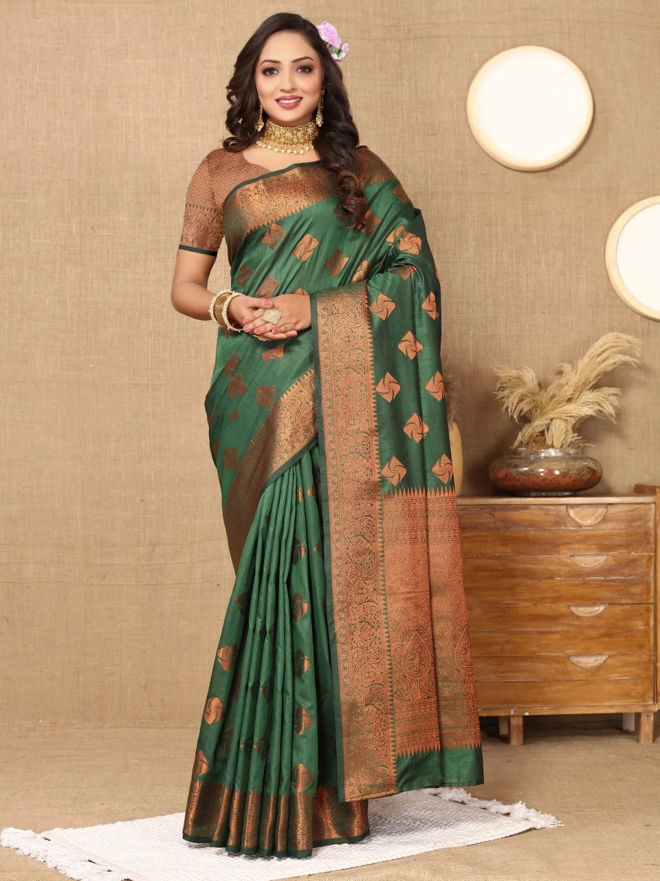 Soft Katan Silk Saree with Copper Zari Weaving Design and Rich Zari Pallu