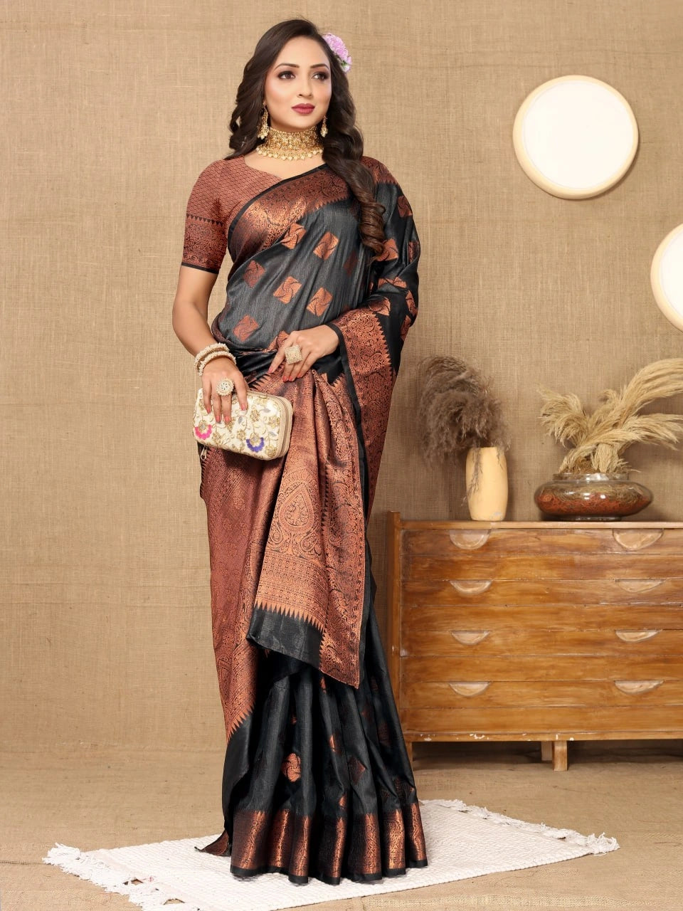 Soft Katan Silk Saree with Copper Zari Weaving Design and Rich Zari Pallu