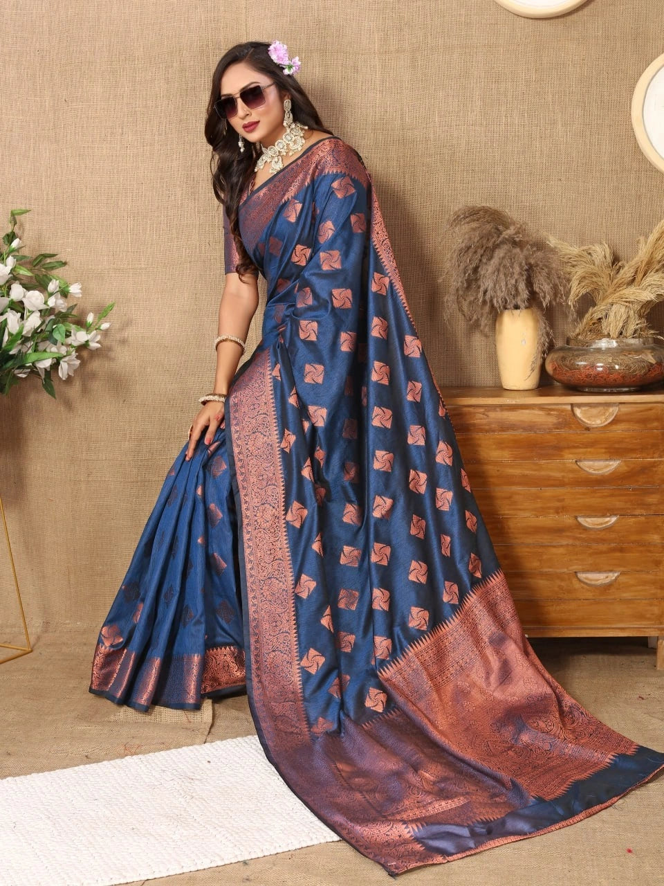 Soft Katan Silk Saree with Copper Zari Weaving Design and Rich Zari Pallu