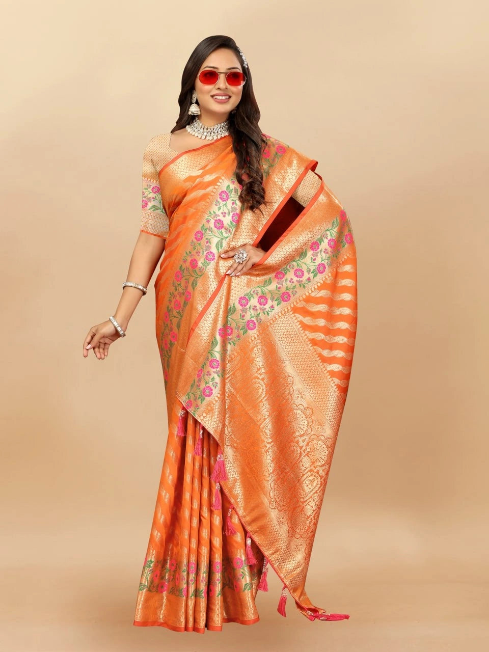 Soft Silk Saree with Gold Zari Lehriya, Rich Meenakari Weaving & Tassel Pallu