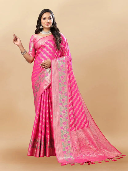 Soft Silk Saree with Gold Zari Lehriya, Rich Meenakari Weaving & Tassel Pallu