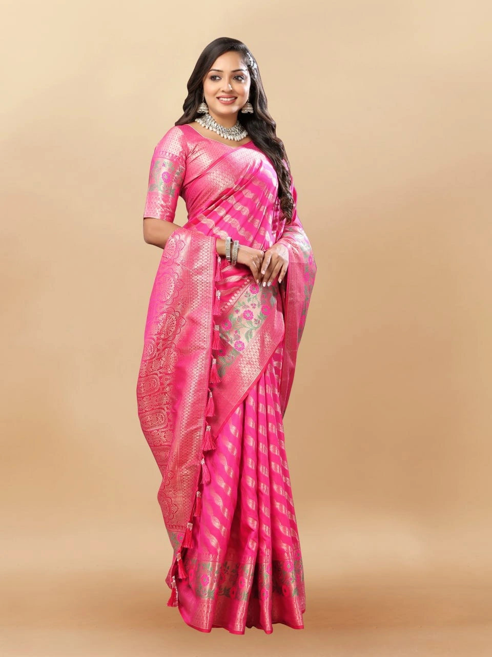 Soft Silk Saree with Gold Zari Lehriya, Rich Meenakari Weaving & Tassel Pallu