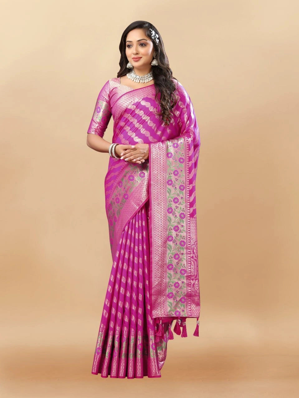 Soft Silk Saree with Gold Zari Lehriya, Rich Meenakari Weaving & Tassel Pallu