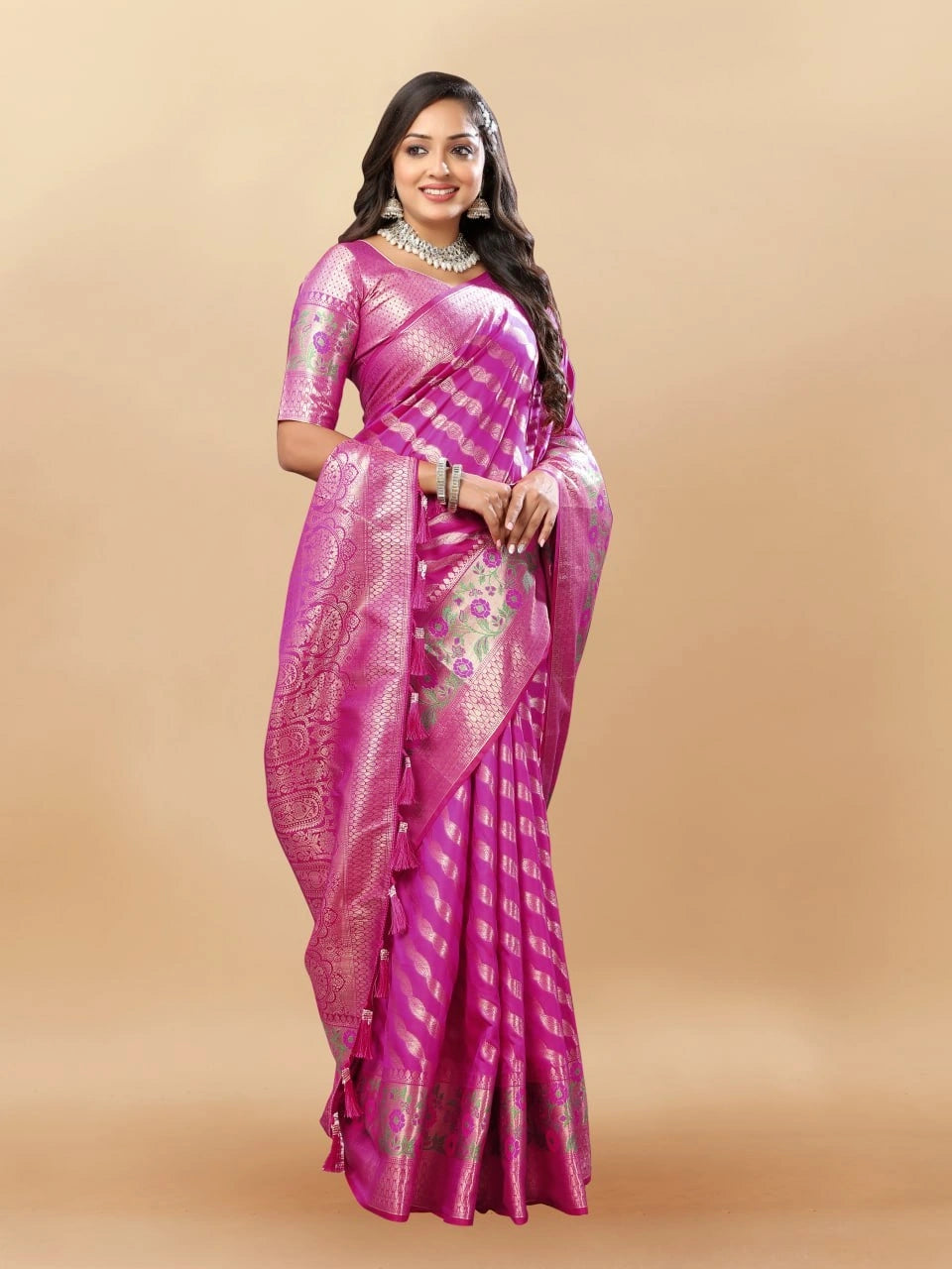 Soft Silk Saree with Gold Zari Lehriya, Rich Meenakari Weaving & Tassel Pallu