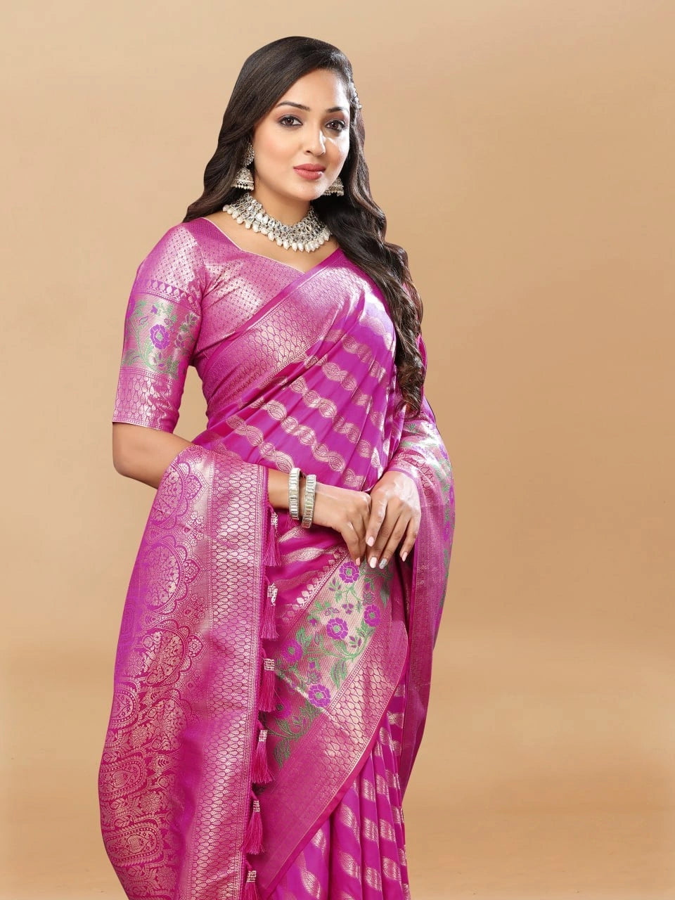 Soft Silk Saree with Gold Zari Lehriya, Rich Meenakari Weaving & Tassel Pallu