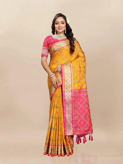 Soft Patola Silk Saree with Meenakari Zari Motifs, Rich Pallu