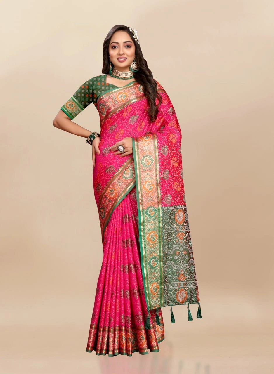 Soft Patola Silk Saree with Meenakari Zari Motifs, Rich Pallu