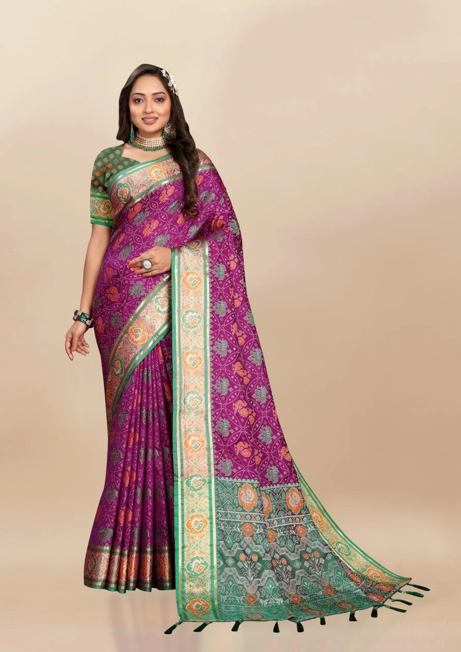 Soft Patola Silk Saree with Meenakari Zari Motifs, Rich Pallu