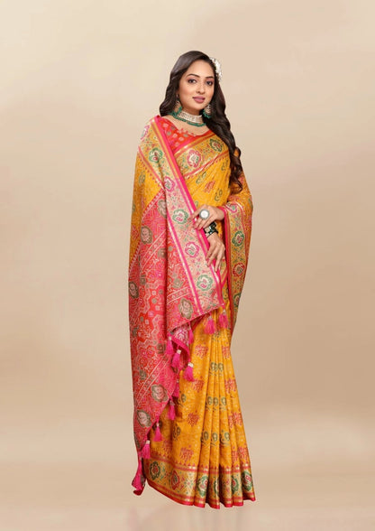 Soft Patola Silk Saree with Meenakari Zari Motifs, Rich Pallu