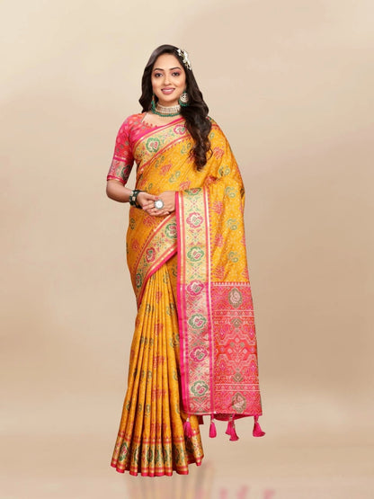 Soft Patola Silk Saree with Meenakari Zari Motifs, Rich Pallu