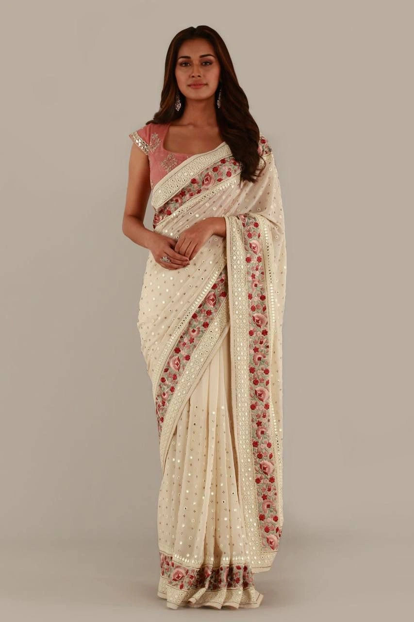 Soft Georget Silk Saree with Colorful Embroidery and Sequencing Work