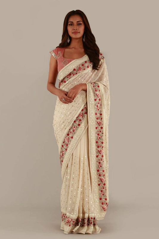 Soft Georget Silk Saree with Colorful Embroidery and Sequencing Work